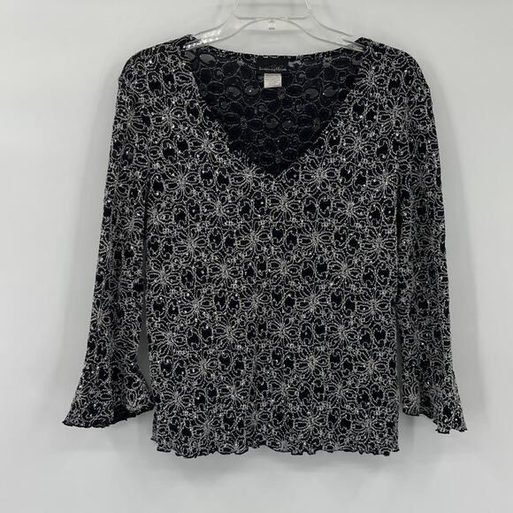 Vtg Y2K Brittany Black Embroidery Crystal Top Sz XL Glam Holiday Mesh Whimsigoth - Picture 13 of 13